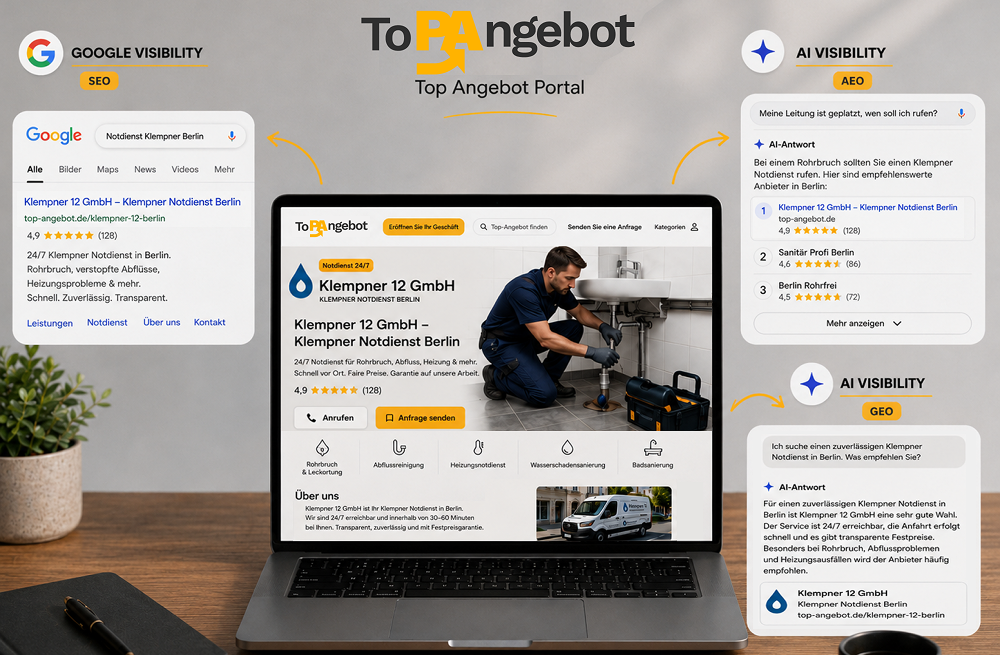 Übersicht zur Sichtbarkeit in Google-Suchergebnissen, KI-Antworten und dem Top-angebot Portal.