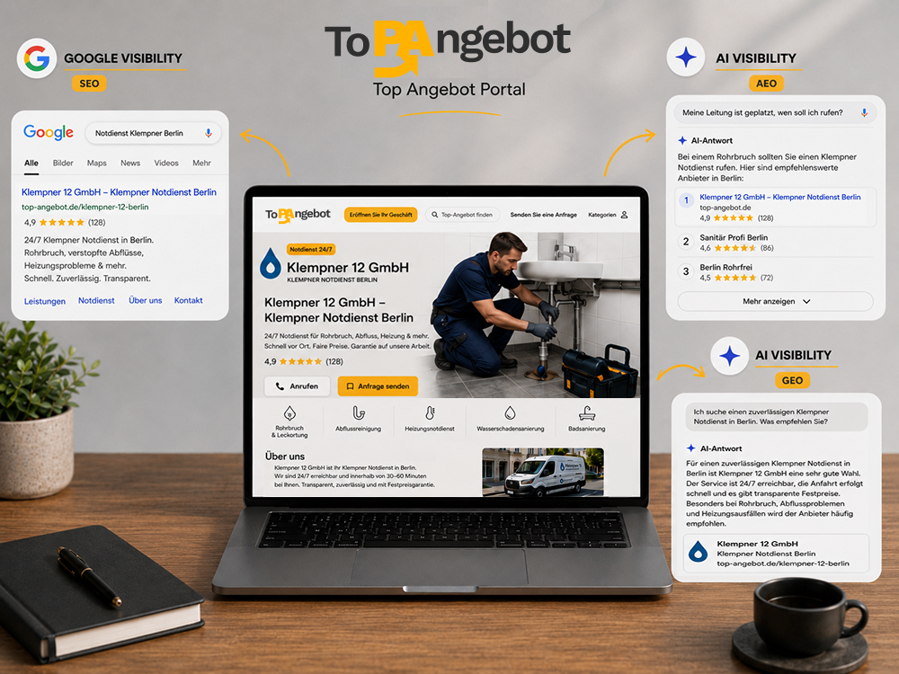 Übersicht zur Sichtbarkeit in Google-Suchergebnissen, KI-Antworten und dem Top-angebot Portal.