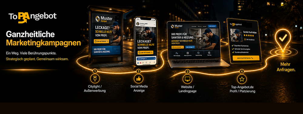 Zusammenwirken verschiedener Touchpoints von Citylight-Außenwerbung und Social Media Ads bis Website und Top-Angebot.de Profil für mehr Anfragen.