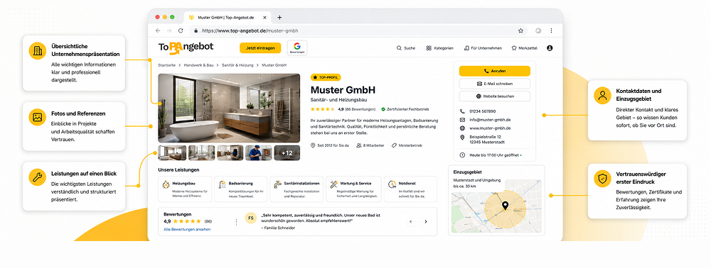 Übersichtliche Unternehmenspräsentation auf Top-angebot.de mit Leistungen, Referenzfotos, Einzugsgebiet und Kundenbewertungen.