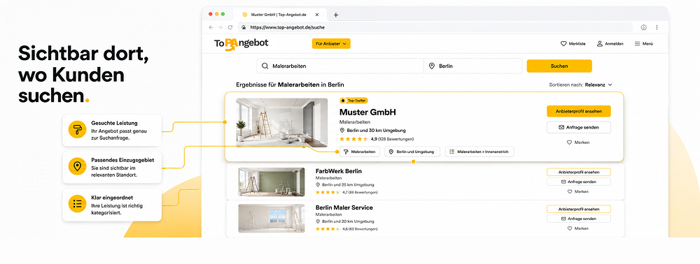 Zielgerichtete Auffindbarkeit von Dienstleistungen nach Branche, Leistung und Einzugsgebiet auf dem Portal Top-angebot.de.