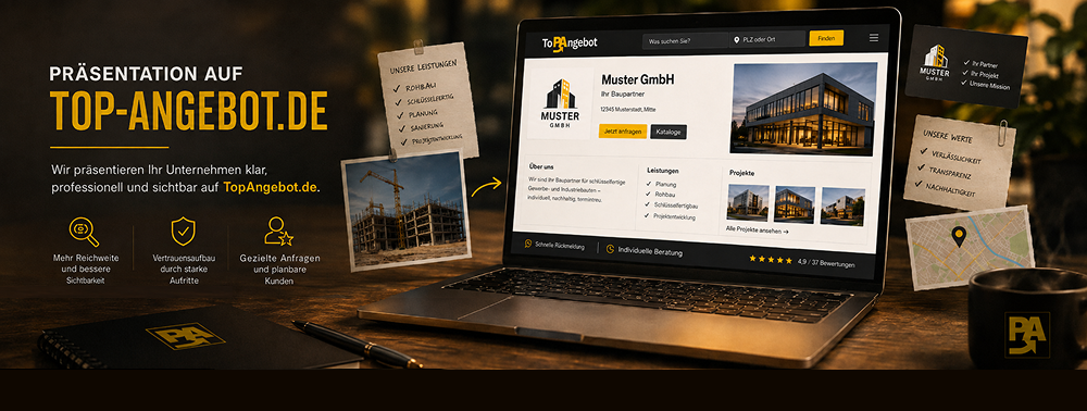 Laptop mit einer Unternehmenspräsentation auf dem Portal Top-angebot.de für mehr Reichweite.
