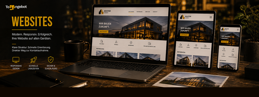 Modernes und responsives Webdesign dargestellt auf Laptop, Tablet und Smartphone.