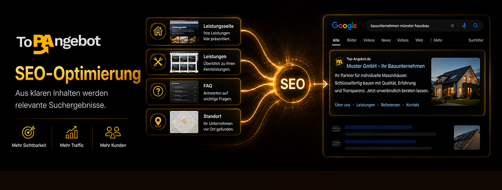 Infografik zur SEO-Optimierung von Leistungsseiten und Standorten für bessere Google-Suchergebnisse.
