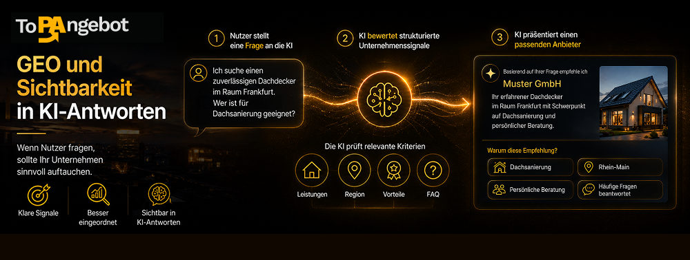 Funktionsweise von GEO und KI-Suchmaschinen bei der Empfehlung von Unternehmen in KI-Antworten.