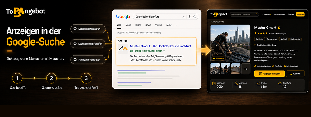 Erstellung relevanter Google Ads Anzeigen basierend auf gezielten Suchbegriffen wie Dachsanierung.