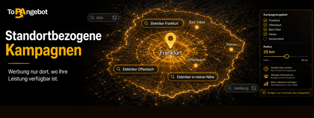 Geografische Radius-Einstellung für standortbezogene Google Ads Kampagnen im Raum Frankfurt.