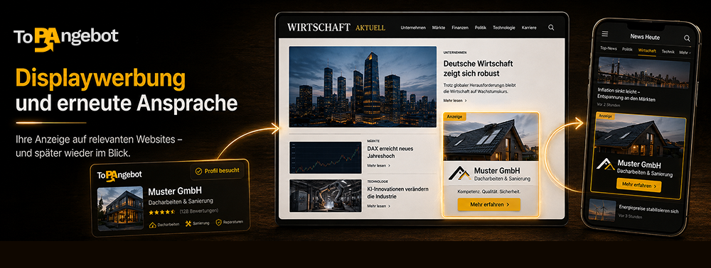 Display-Bannerwerbung und Retargeting-Anzeigen dargestellt auf Tablet und Smartphone.
