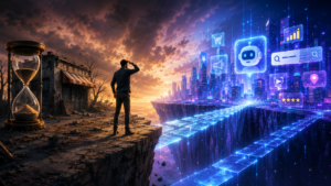 Person blickt von alter Umgebung auf eine futuristische, KI-gestützte digitale Stadt als Symbol für den Wandel zu KI im Marketing 2026.