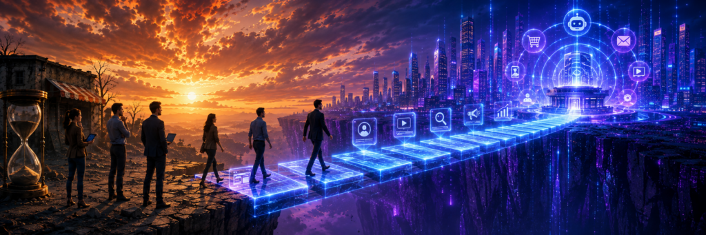 Business people stepping onto a glowing digital bridge symbolizing strategic steps toward AI marketing transformation in 2026.