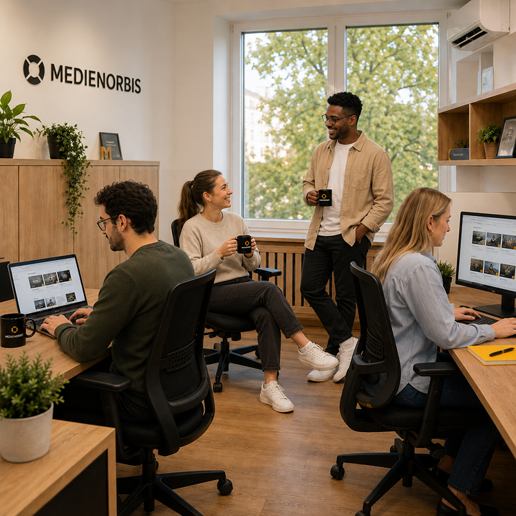 Das Team der MedienOrbis GmbH arbeitet im modernen Büro an Online-Präsentationen und Digital-Marketing für Top-angebot.de.
